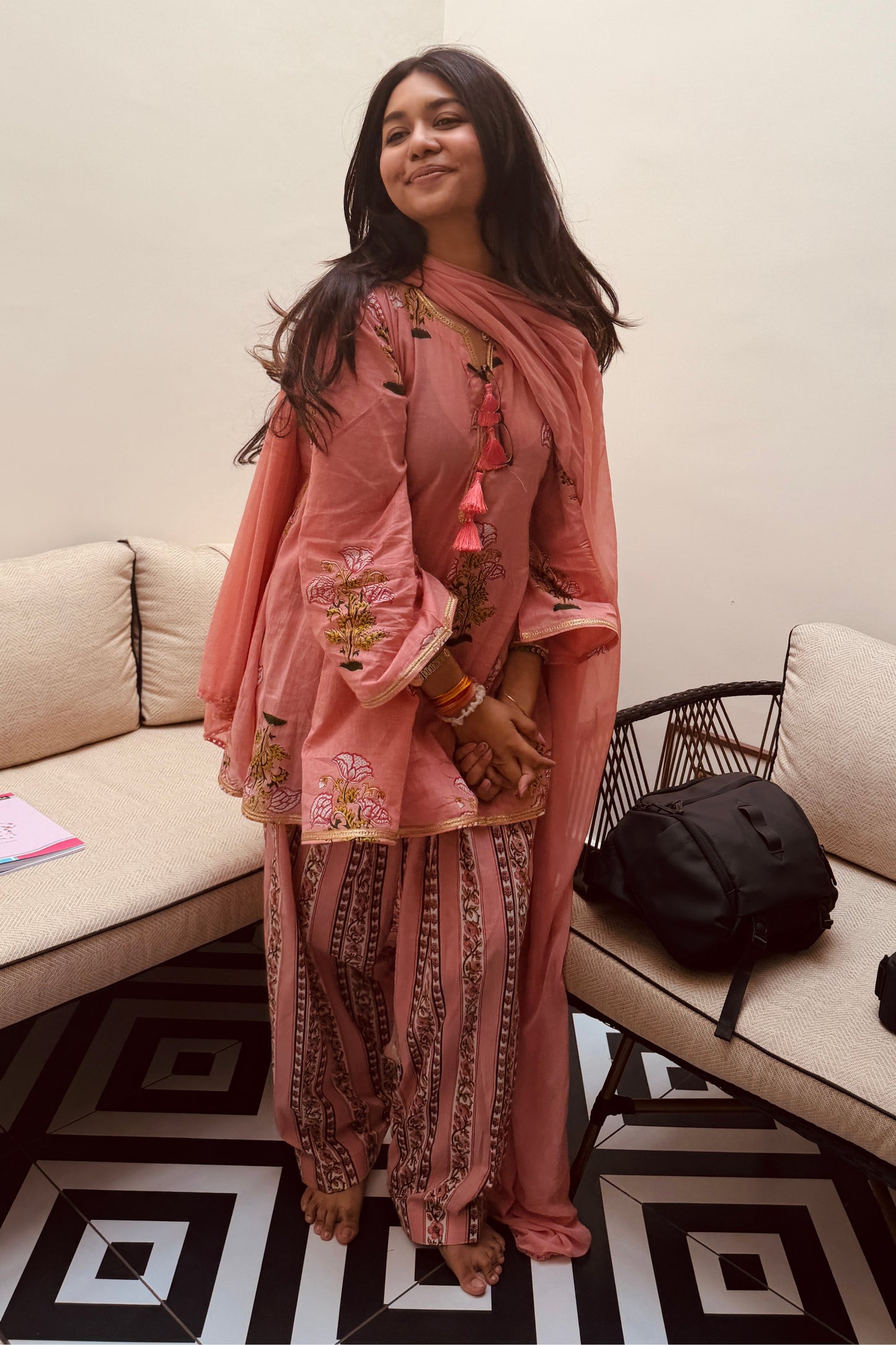 Peach Pink Cotton Mughal Printed A-Line Short Kurta With Salwar