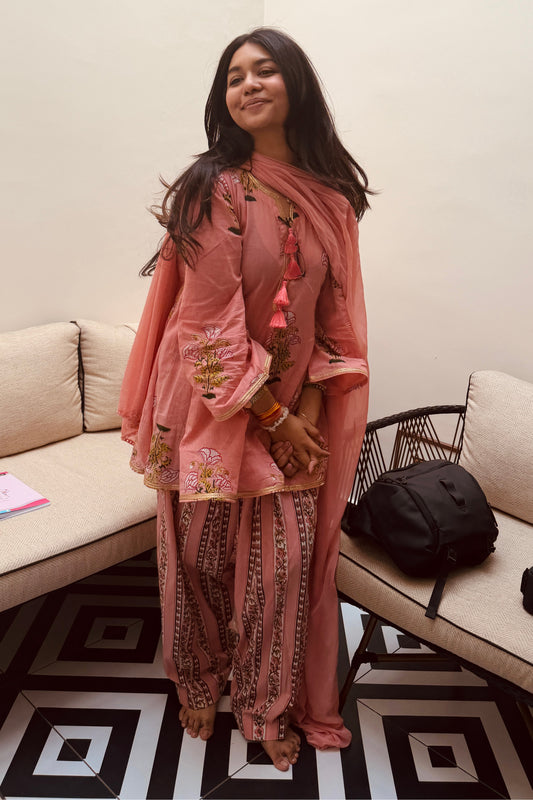 Peach Pink Cotton Mughal Printed A-Line Short Kurta With Salwar