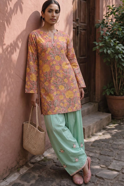 Cotton Block Printed Straight Kurta with Embroidered Farshi Salwar - Peach