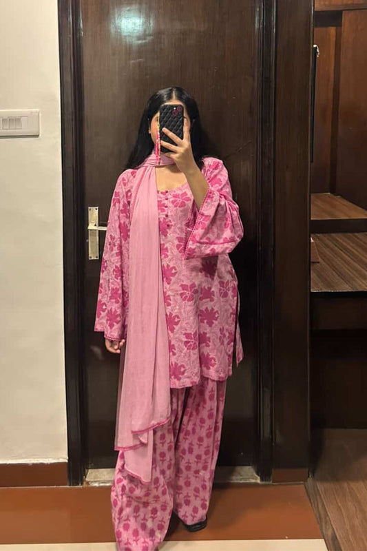 Cotton Block Printed Straight Kurta Farshi Salwar Set-Pink