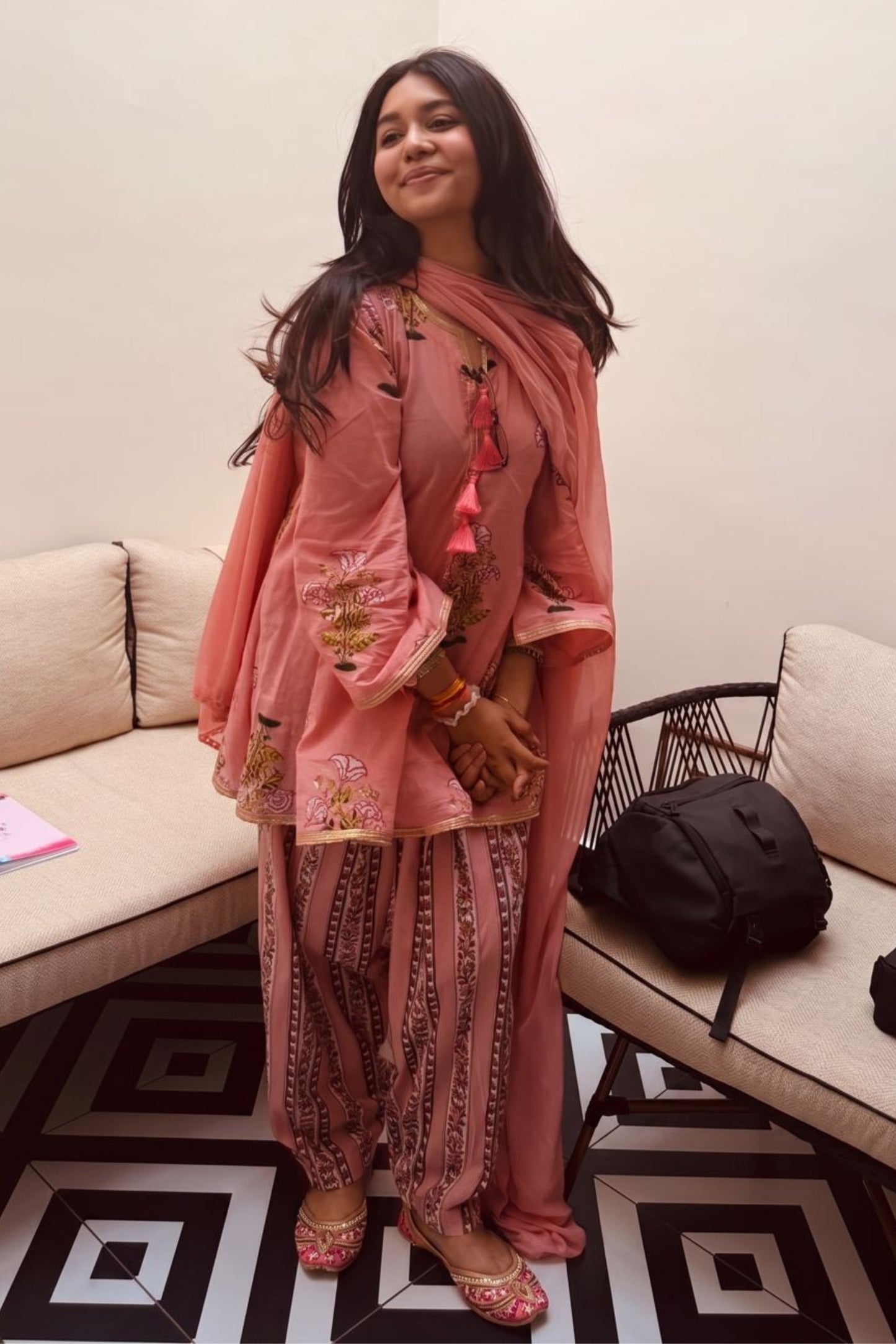 Peach Pink Cotton Mughal Printed A-Line Short Kurta With Salwar
