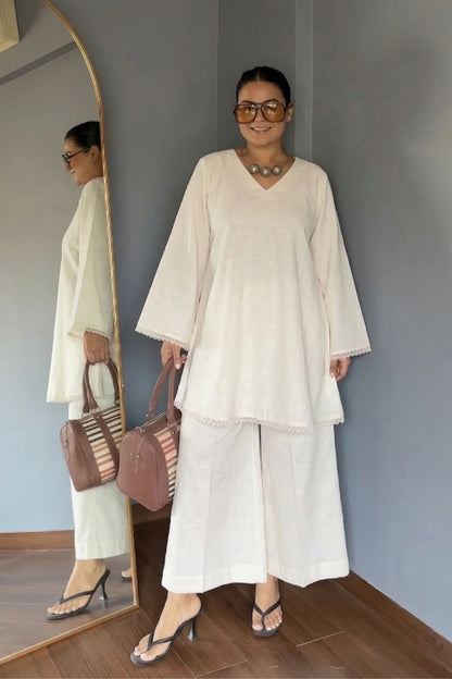 Solid Flex Cotton Short Anarkali Flared Pants Co-ord Set - White