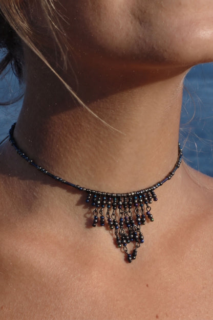 Artisan Midnight Iridescent Beaded Fringe Choker