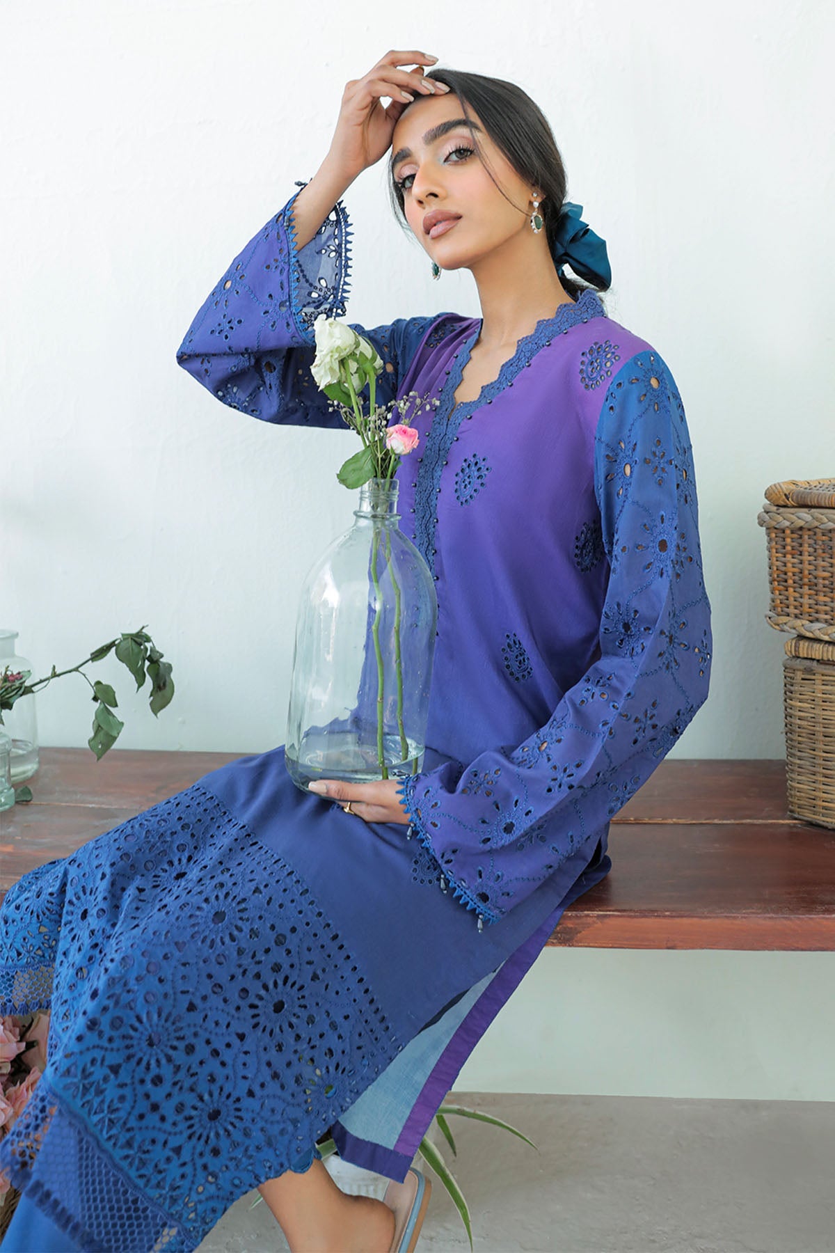 Pakisatani Suit Set made from lawn cotton in ombre blue colour